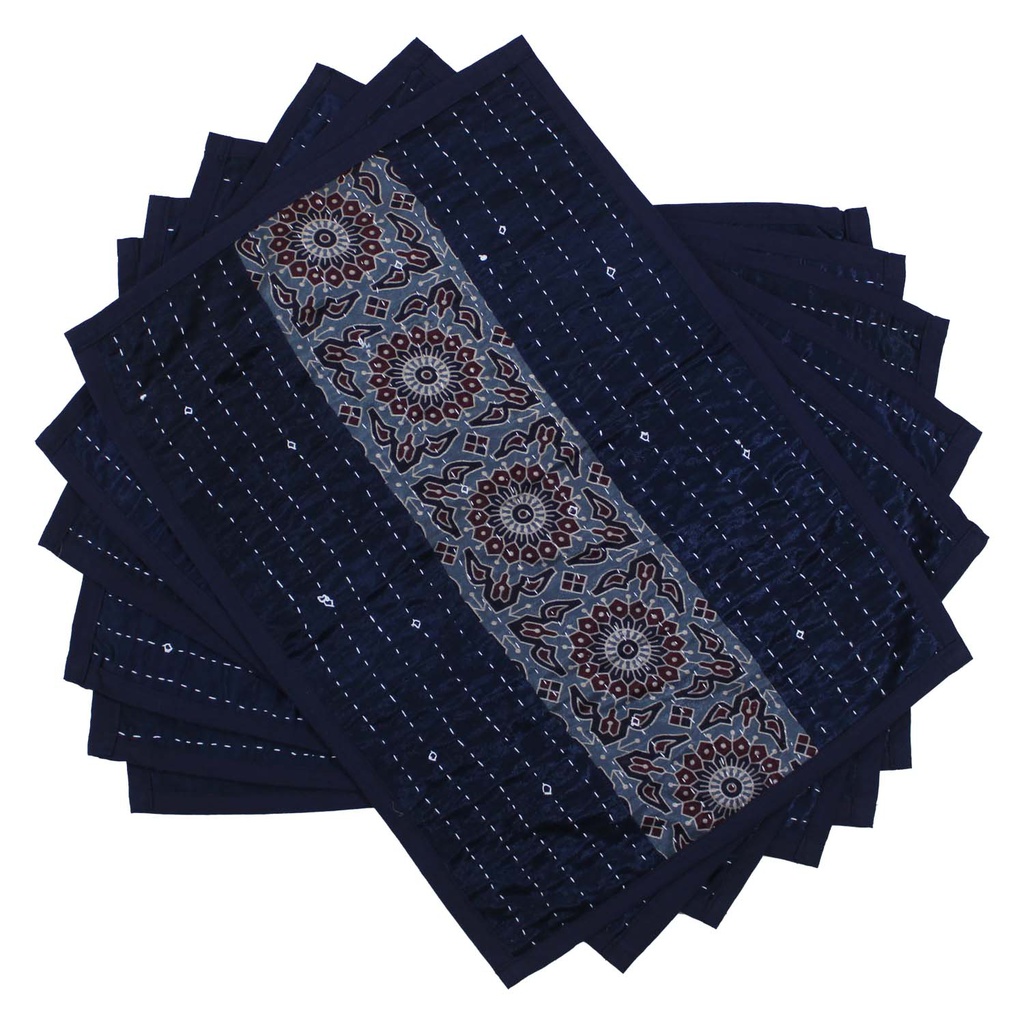 Handmade Tagai Embroidered Ajrakh Mashru Silk Table Placemats (Set of 6)