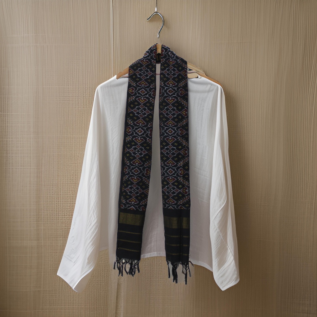 Black Shaded Handloom Single Ikat Patola Silk Stole