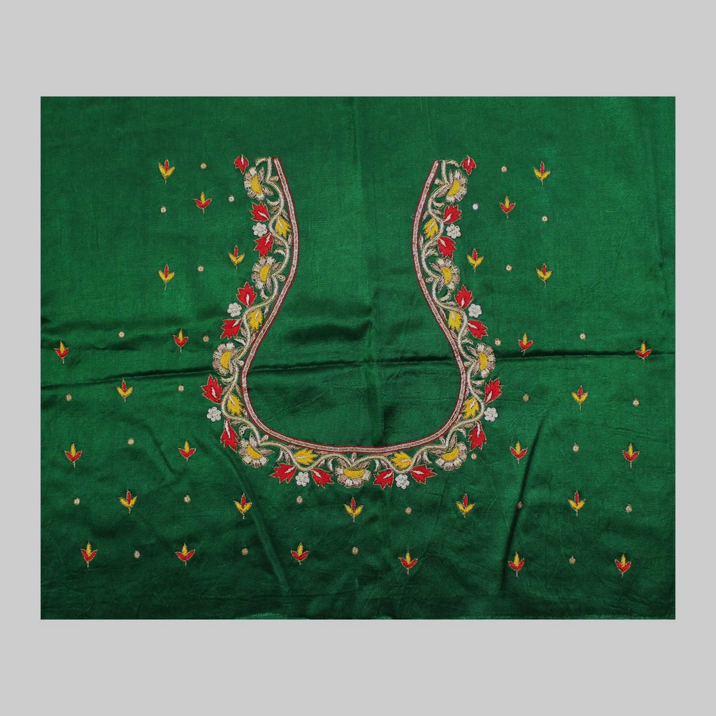 Green Hand Embroidered Mashru Unstitched Blouse Piece