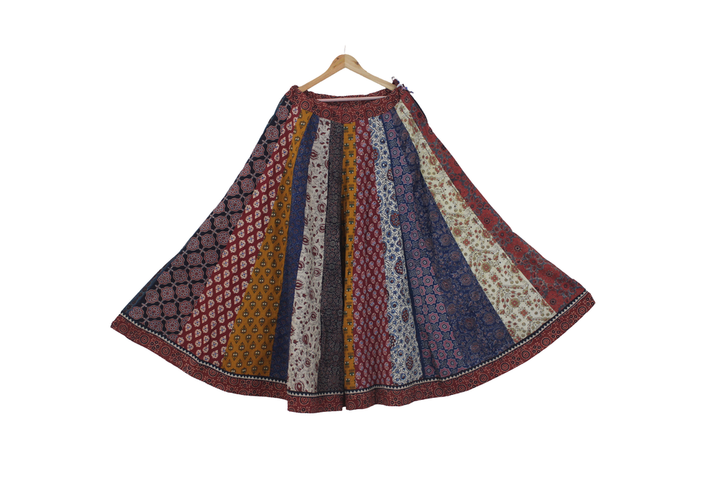 Cotton Ajrakh Hand Block Printed Patchwork Flared Long Skirt