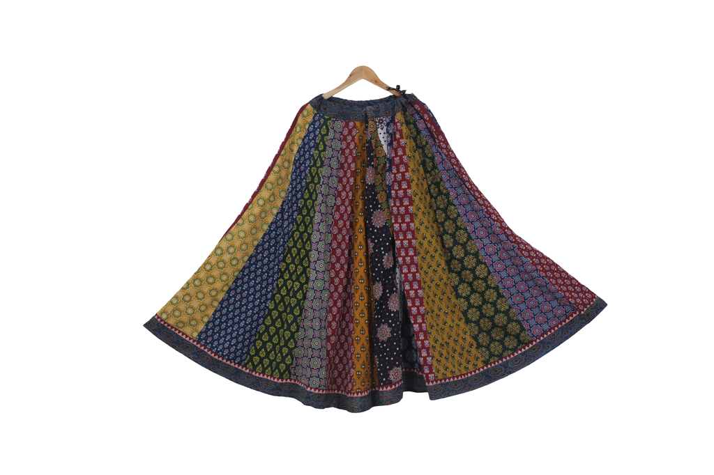 Cotton Ajrakh Hand Block Printed Patchwork Flared Long Skirt