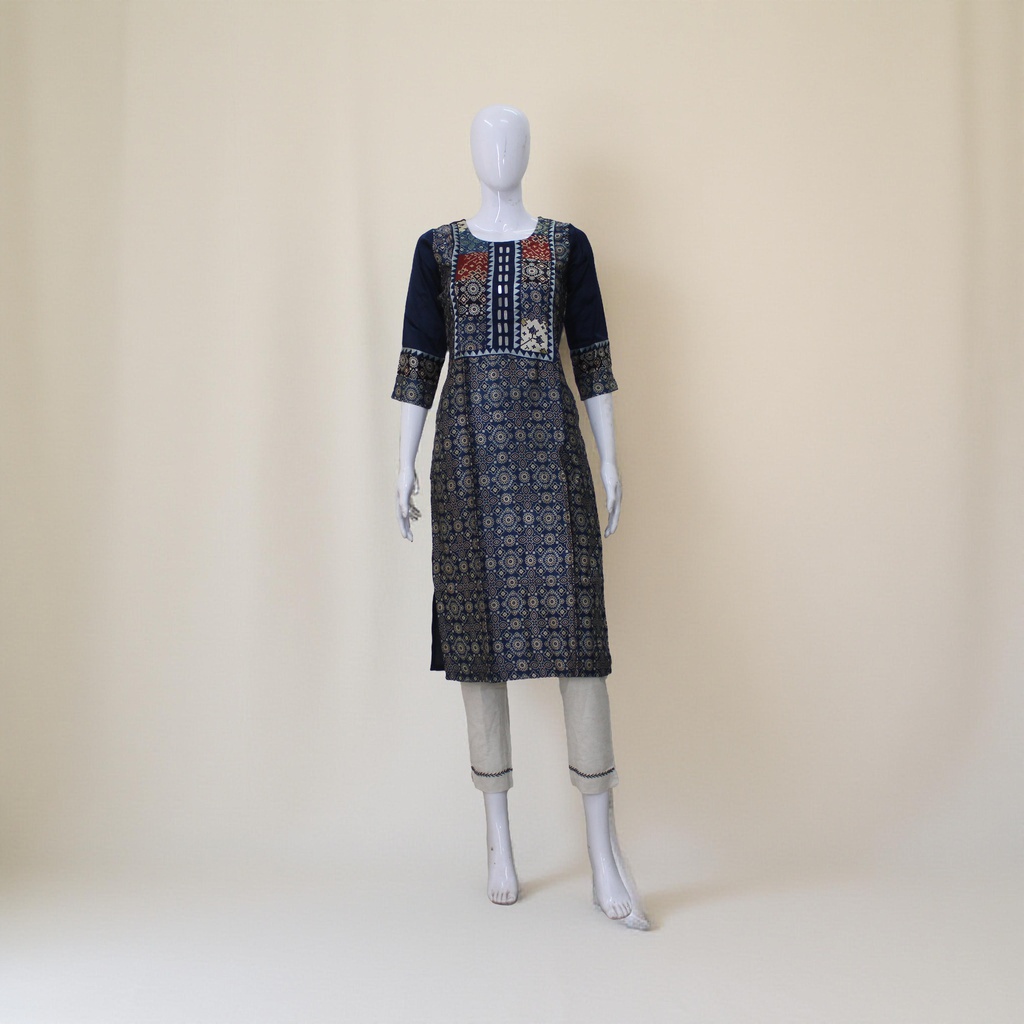 Blue Ajrakh Hand Block Printed Mashru Kurti