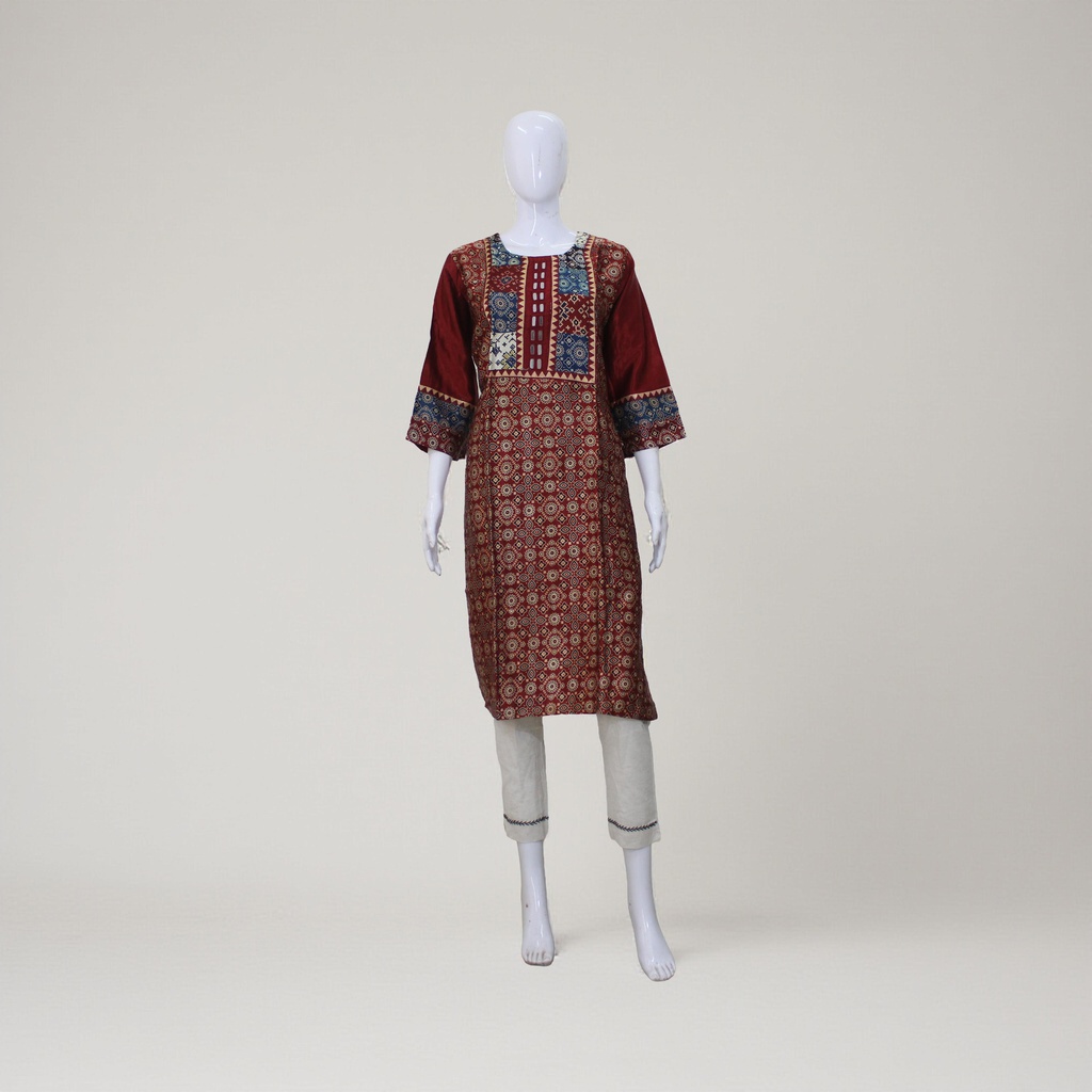 Maroon Ajrakh Hand Block Printed Mashru Kurti