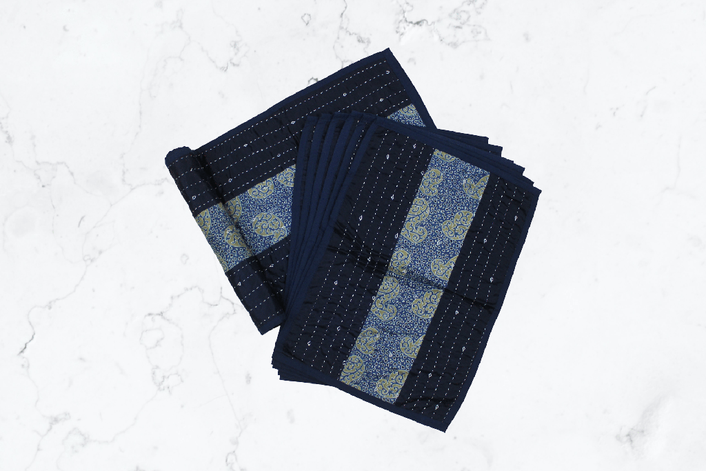 Handmade Tagai Embroidered Ajrakh Mashru Silk Table Placemats with Runner