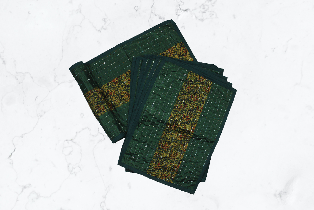 Handmade Tagai Embroidered Ajrakh Mashru Silk Table Placemats with Runner