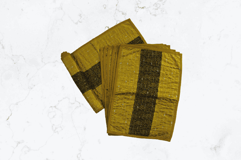 Handmade Tagai Embroidered Ajrakh Mashru Silk Table Placemats with Runner