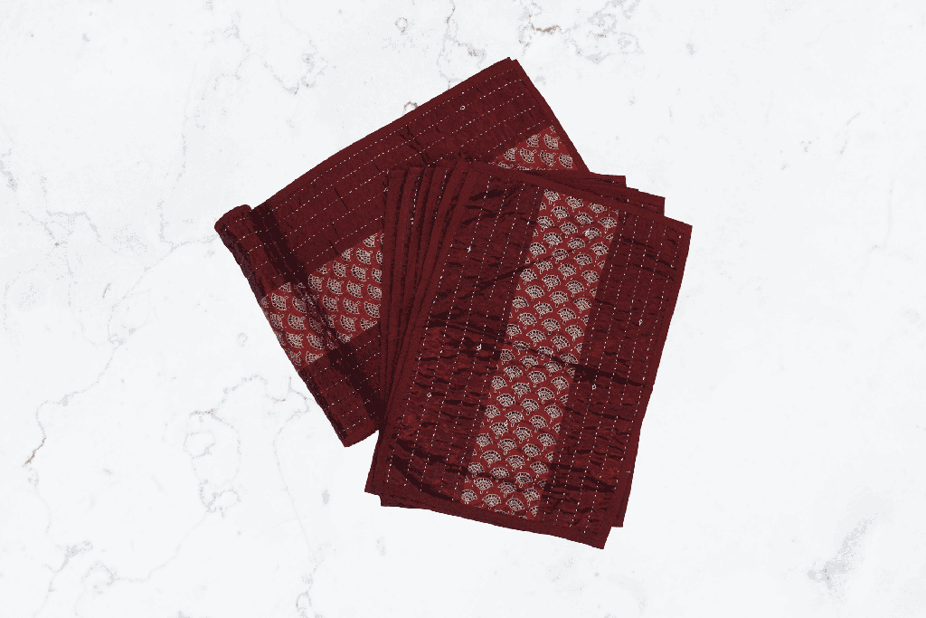 Handmade Tagai Embroidered Ajrakh Mashru Silk Table Placemats with Runner
