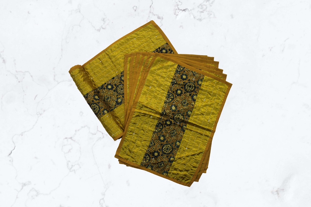 Handmade Tagai Embroidered Ajrakh Mashru Silk Table Placemats with Runner