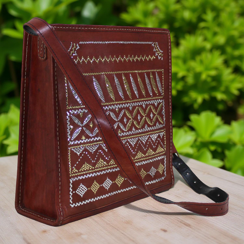 Handstitched Leather Sling Bag with Zari Work