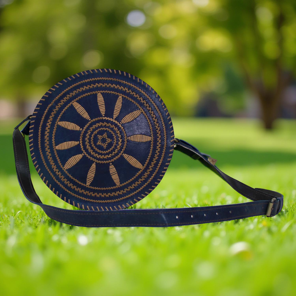 Handstitched Round Leather Sling Bag with thread Work
