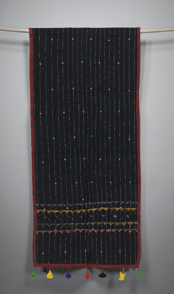 Handmade Tagai Work Cotton Stole with Ajrakh Border &amp; Tassels