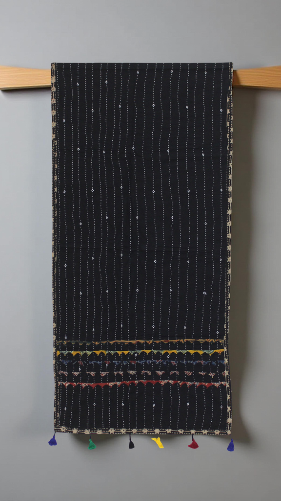 Handmade Tagai Work Cotton Stole with Ajrakh Border &amp; Tassels