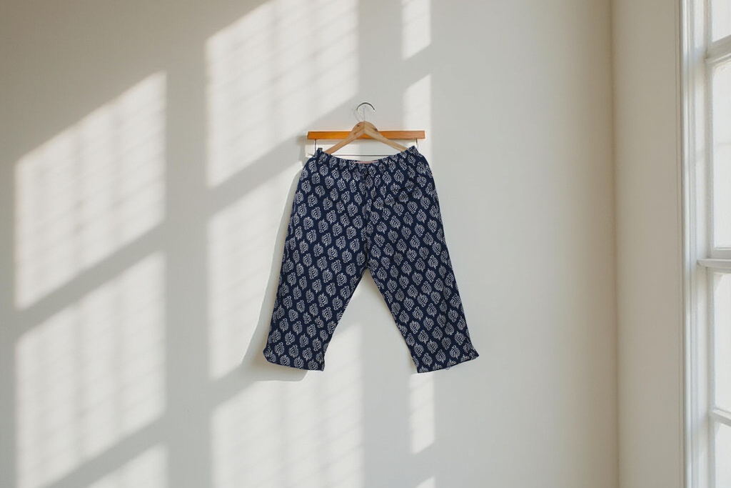 Elegant Cotton Block-Print Capri Pants / Trouser