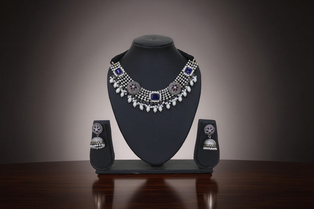 Handcrafted Oxidized German Silver Necklace Set with Jhumka Earrings