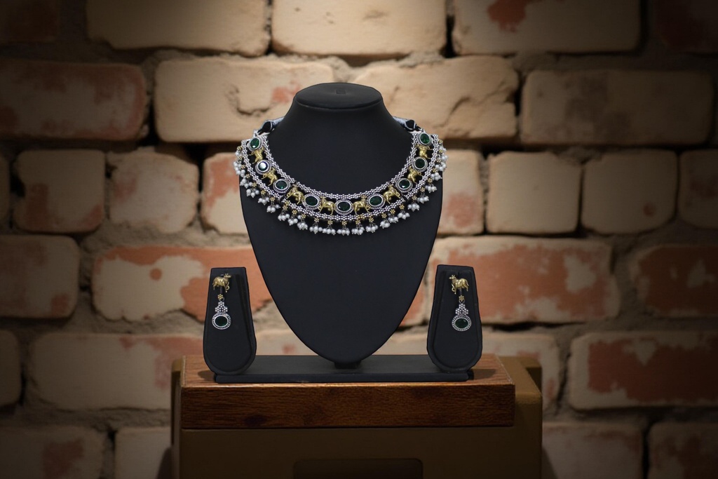 Handcrafted Oxidized German Silver Pearl Necklace Set with Stone Work &amp; Earrings