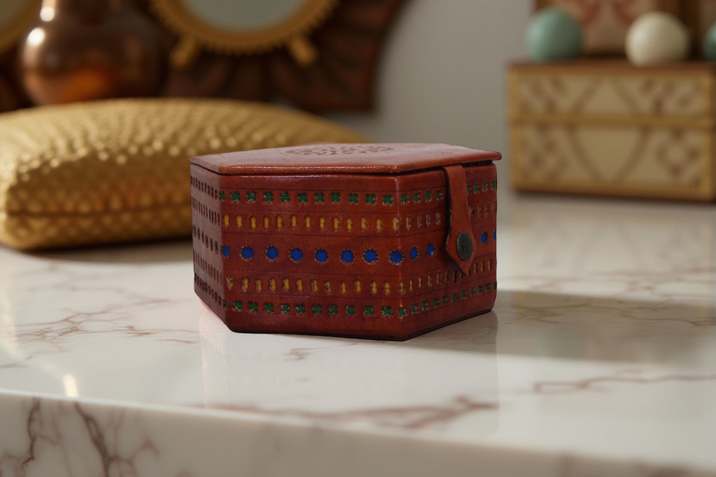 Handcrafted Hexagonal Leather Jewellery Box with Mirror