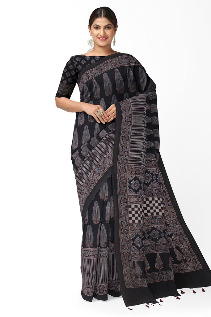 Ajrakh Hand Block Print Cotton Saree