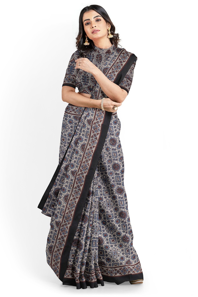 Ajrakh Hand Block Print Cotton Saree