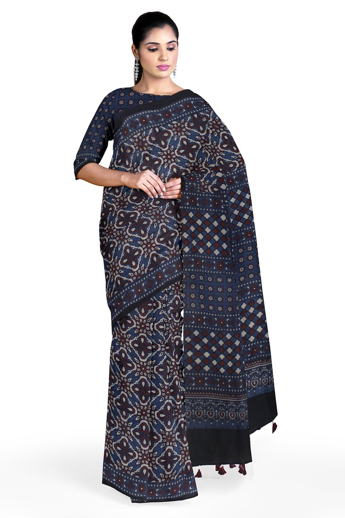 Ajrakh Hand Block Print Cotton Saree