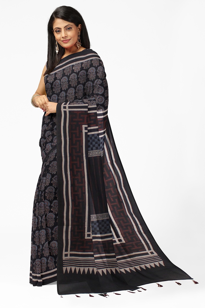 Ajrakh Hand Block Print Cotton Saree