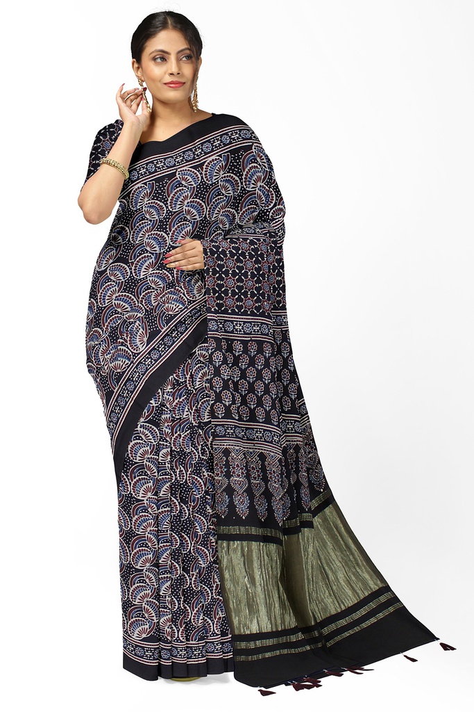 Handcrafted Ajrakh Block Print Modal Silk Saree