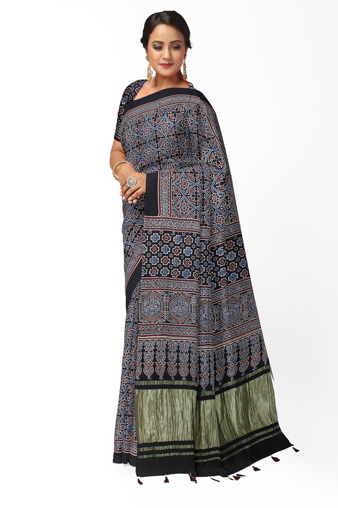 Handcrafted Ajrakh Block Print Modal Silk Saree