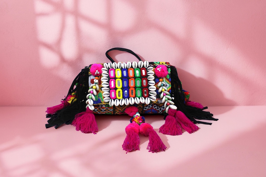 Handcrafted Banjara Boho Embroidered Shell &amp; Tassel Sling Bag