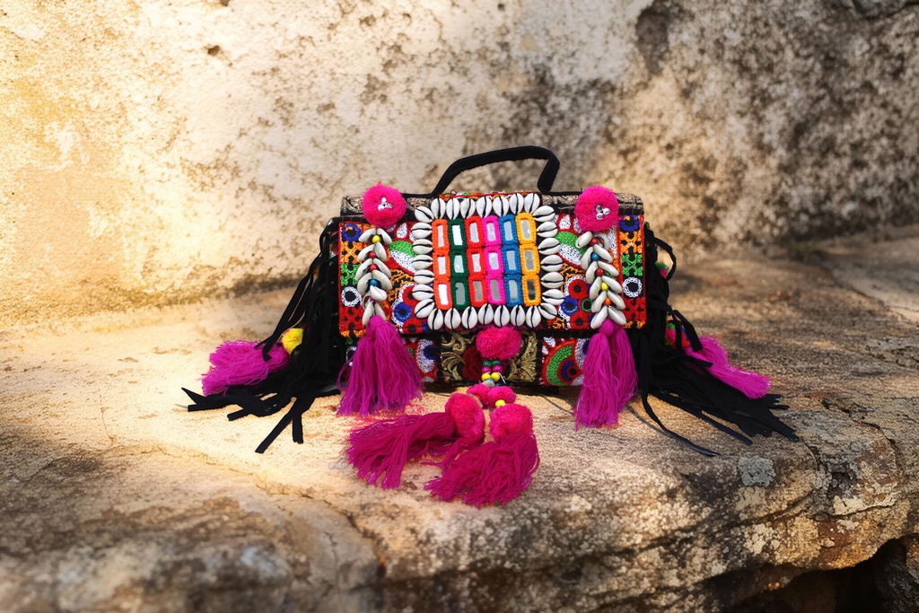 Handcrafted Banjara Boho Embroidered Shell &amp; Tassel Sling Bag