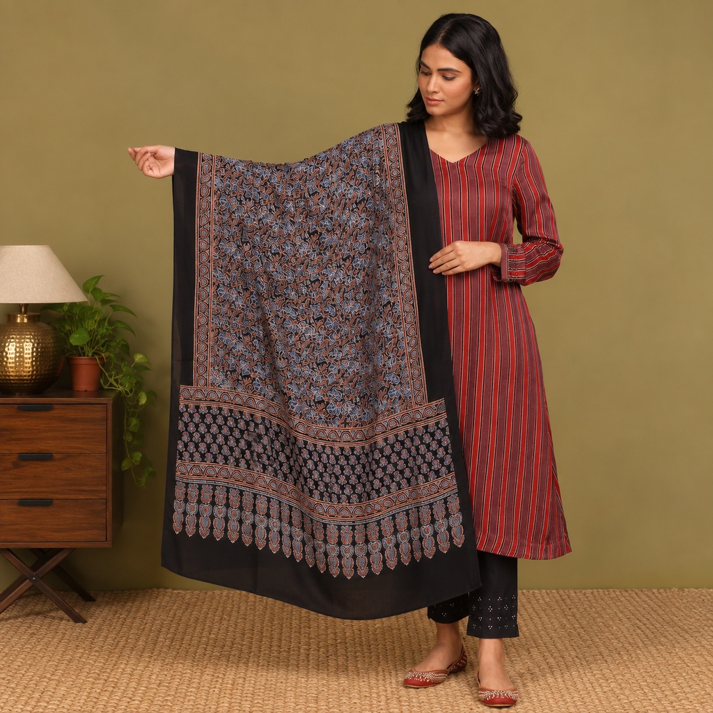 Ajrakh Hand Block Print Modal Silk Dupatta