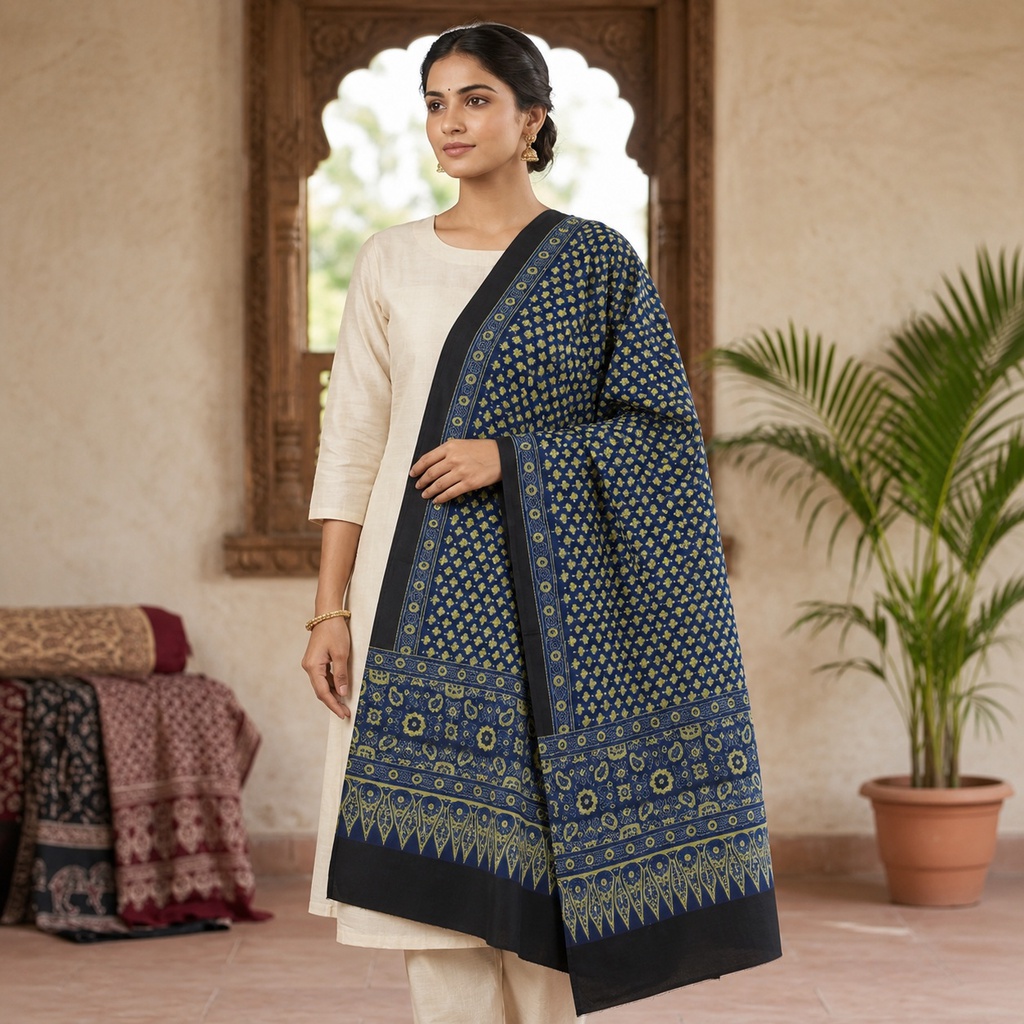 Ajrakh Hand Block Print Modal Silk Dupatta