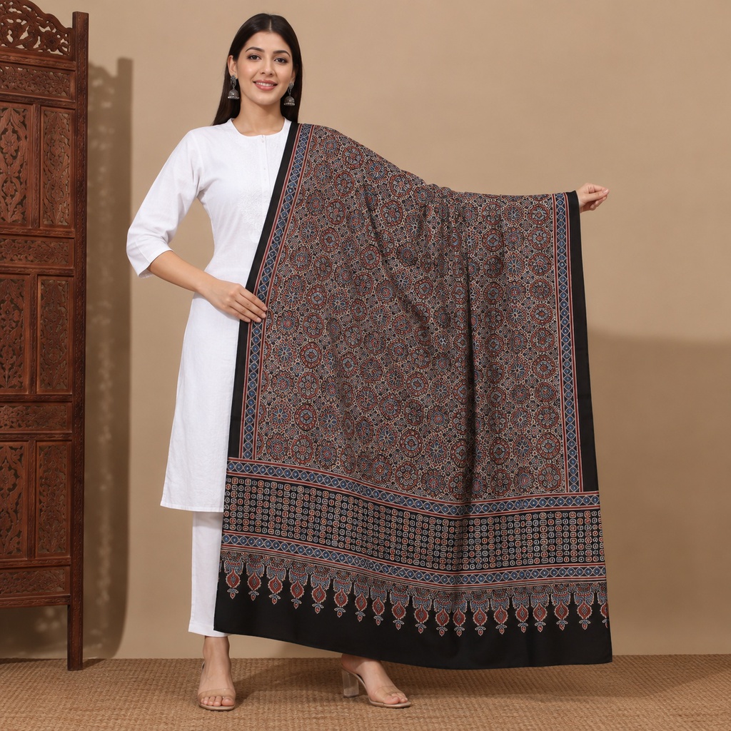 Ajrakh Hand Block Print Modal Silk Dupatta