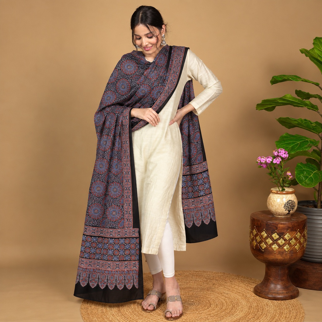 Ajrakh Hand Block Print Modal Silk Dupatta