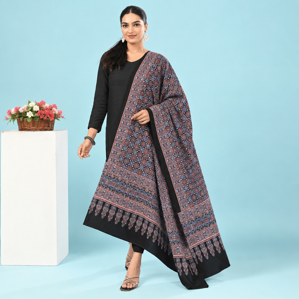 Ajrakh Hand Block Print Modal Silk Dupatta