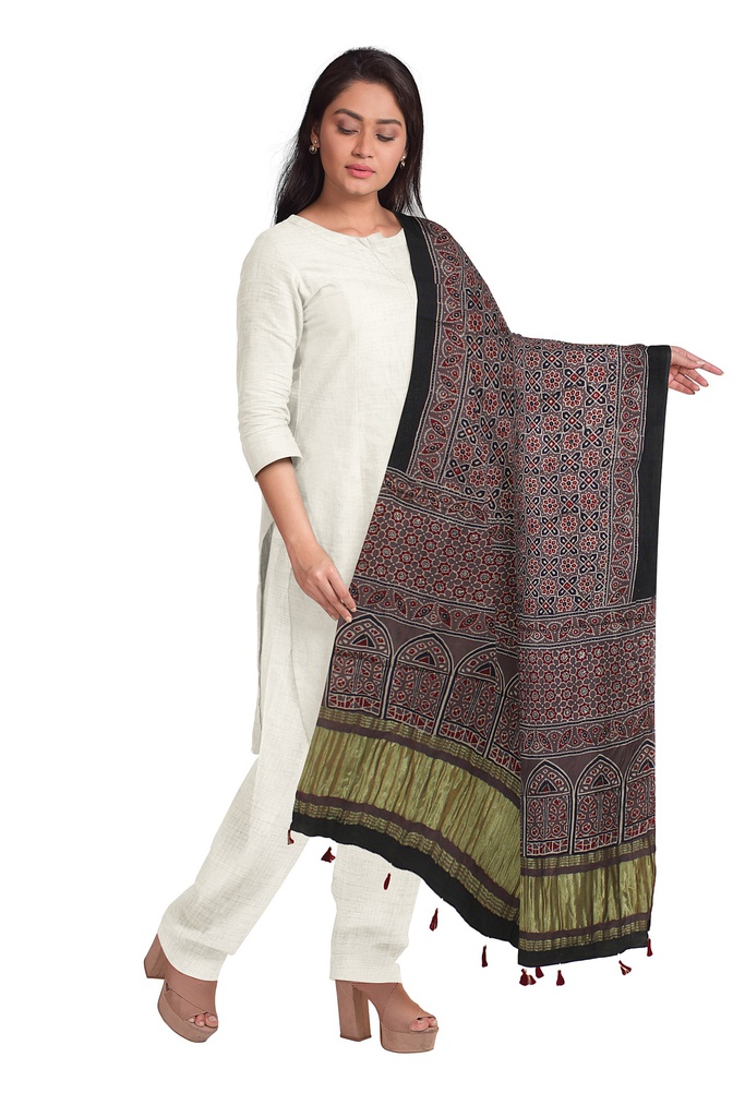 Ajrakh Hand Block Print Mashru Silk Dupatta