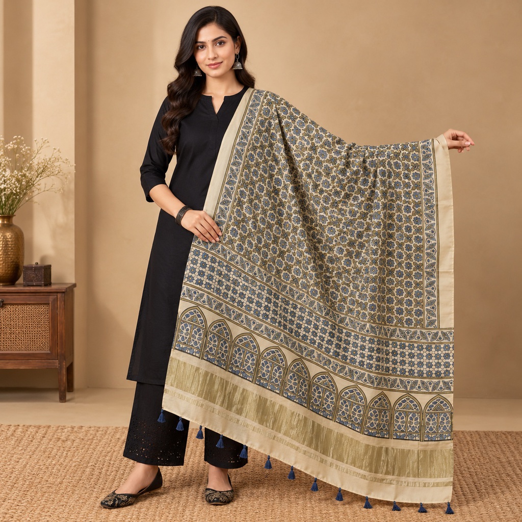 Ajrakh Hand Block Print Mashru Silk Dupatta