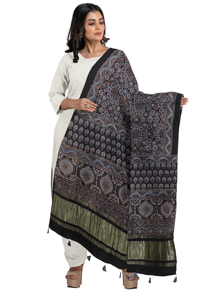 Ajrakh Hand Block Print Mashru Silk Dupatta