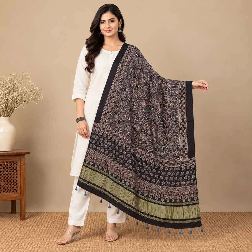 Ajrakh Hand Block Print Mashru Silk Dupatta