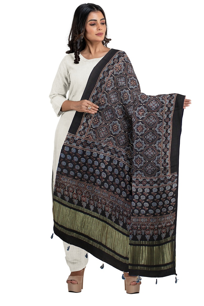 Ajrakh Hand Block Print Mashru Silk Dupatta