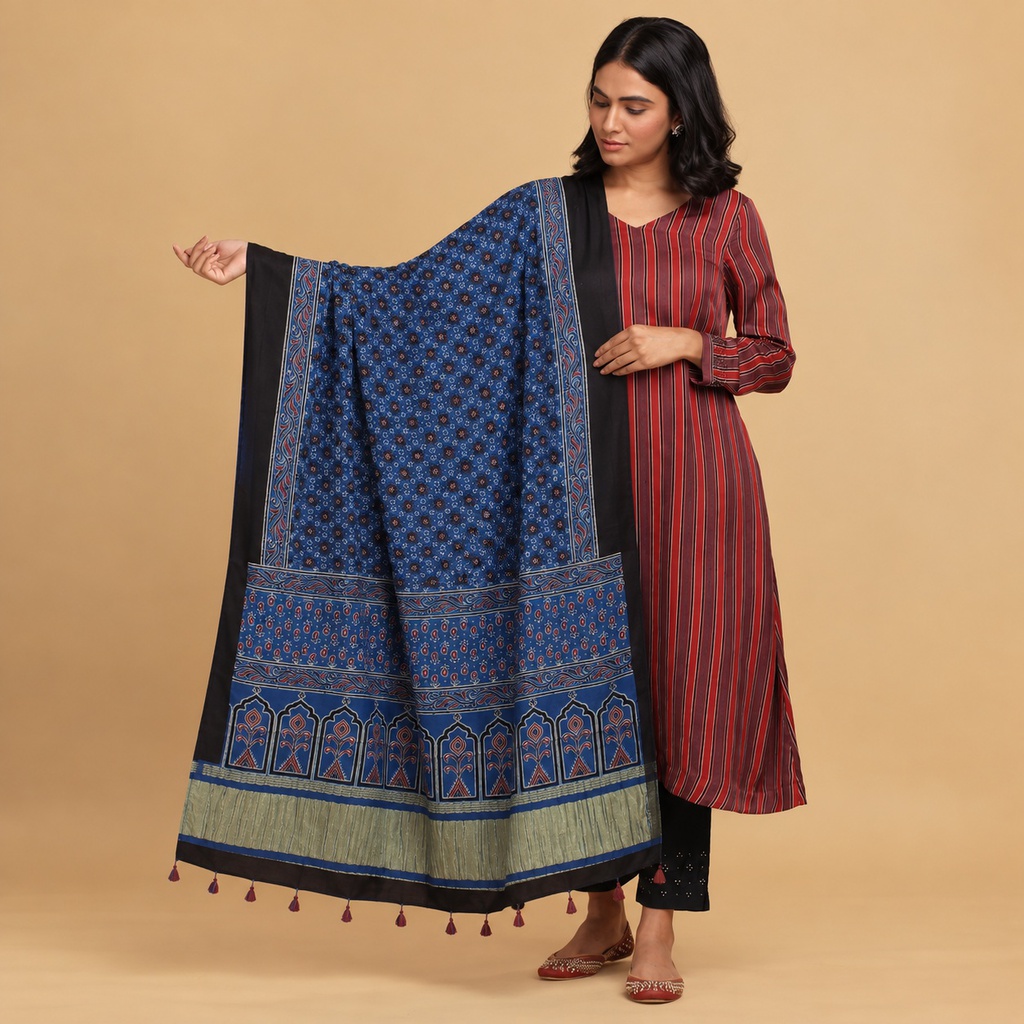Ajrakh Hand Block Print Mashru Silk Dupatta