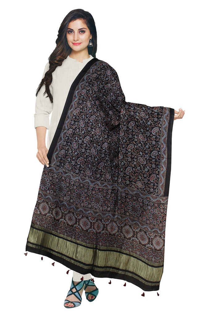 Ajrakh Hand Block Print Mashru Silk Dupatta