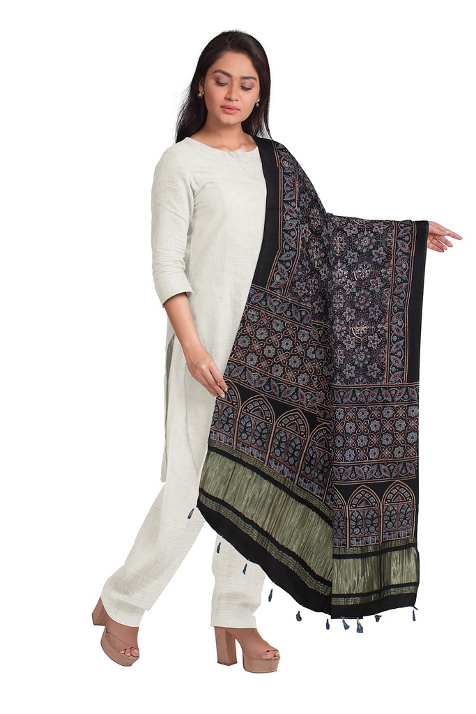 Ajrakh Hand Block Print Mashru Silk Dupatta