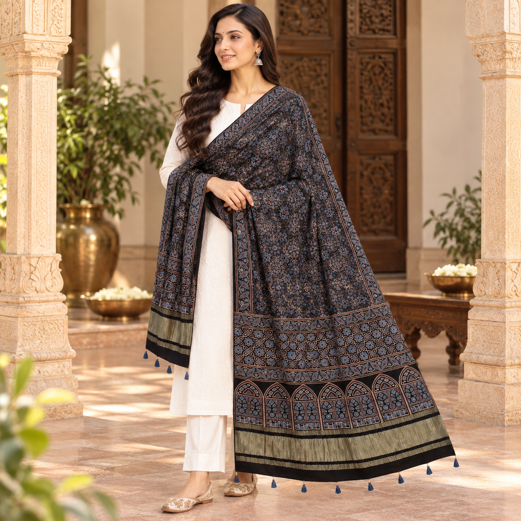 Ajrakh Hand Block Print Mashru Silk Dupatta