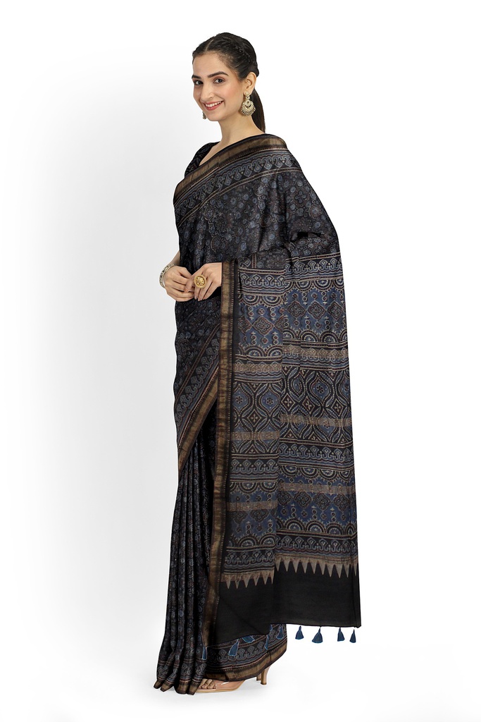Ajrakh Hand Block Print Chanderi Silk Saree