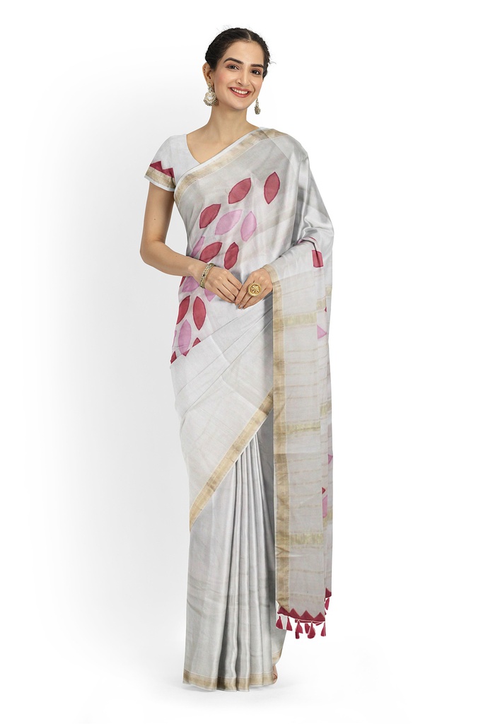 Handstitched Applique Chanderi Silk Leaf Design Saree