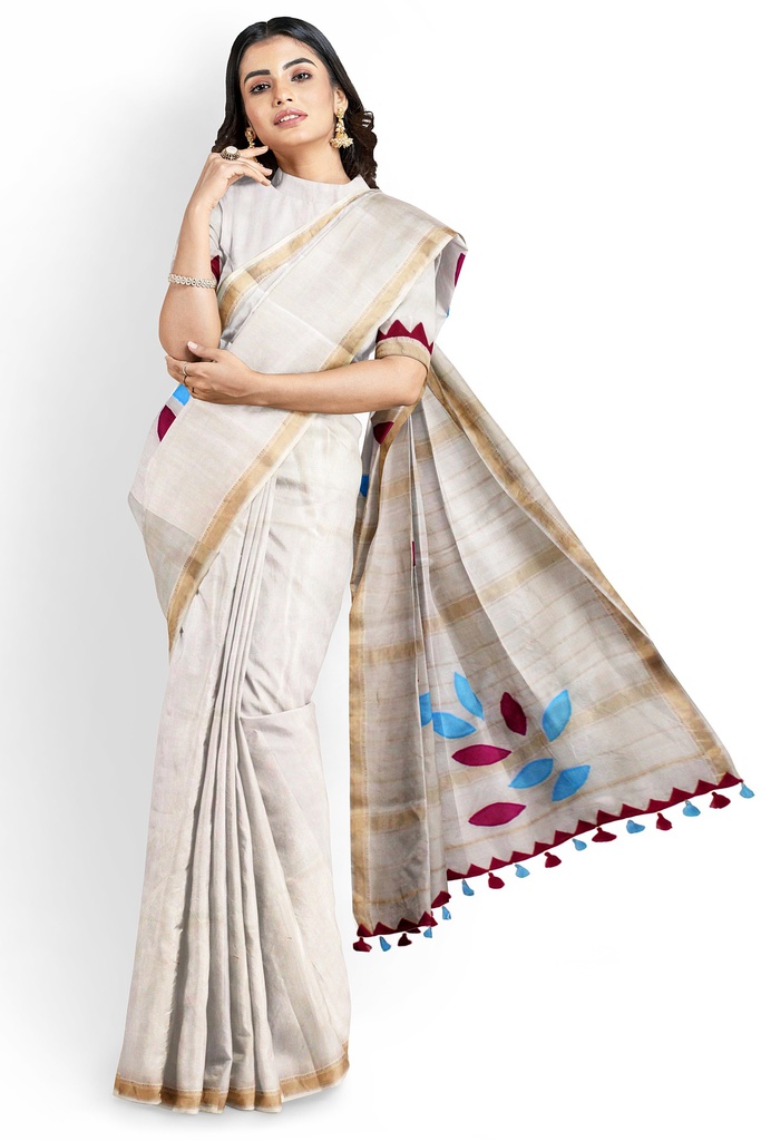 Handstitched Applique Chanderi Silk Leaf Design Saree