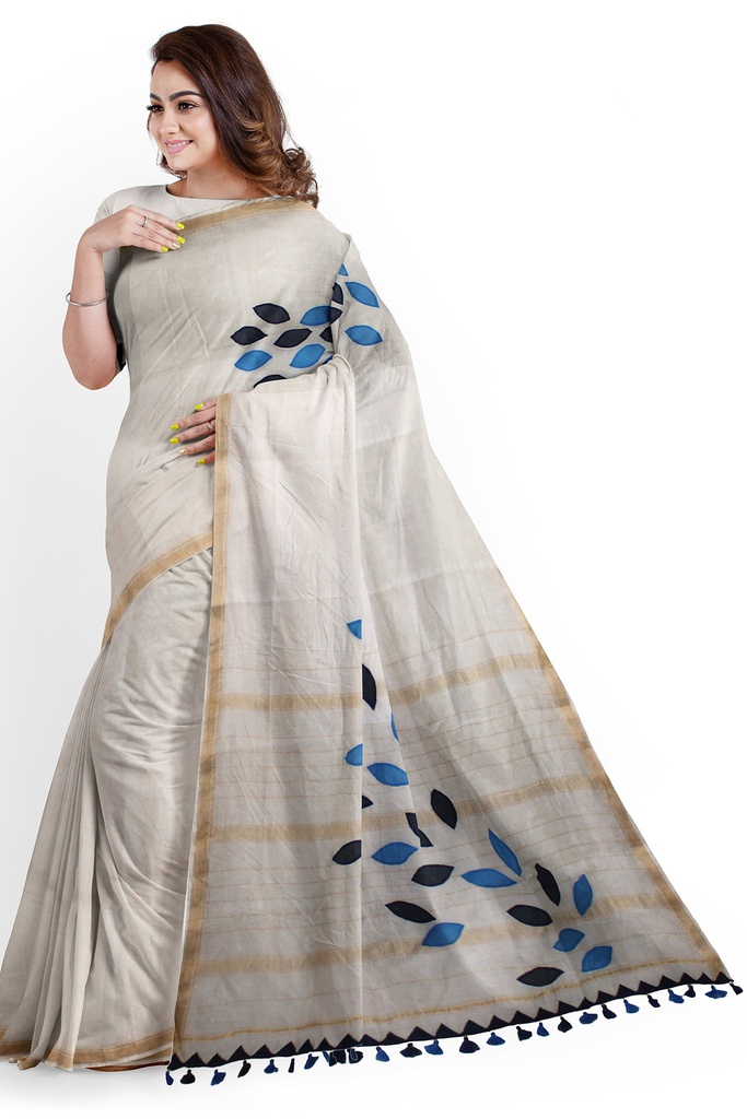 Handstitched Applique Chanderi Silk Leaf Design Saree