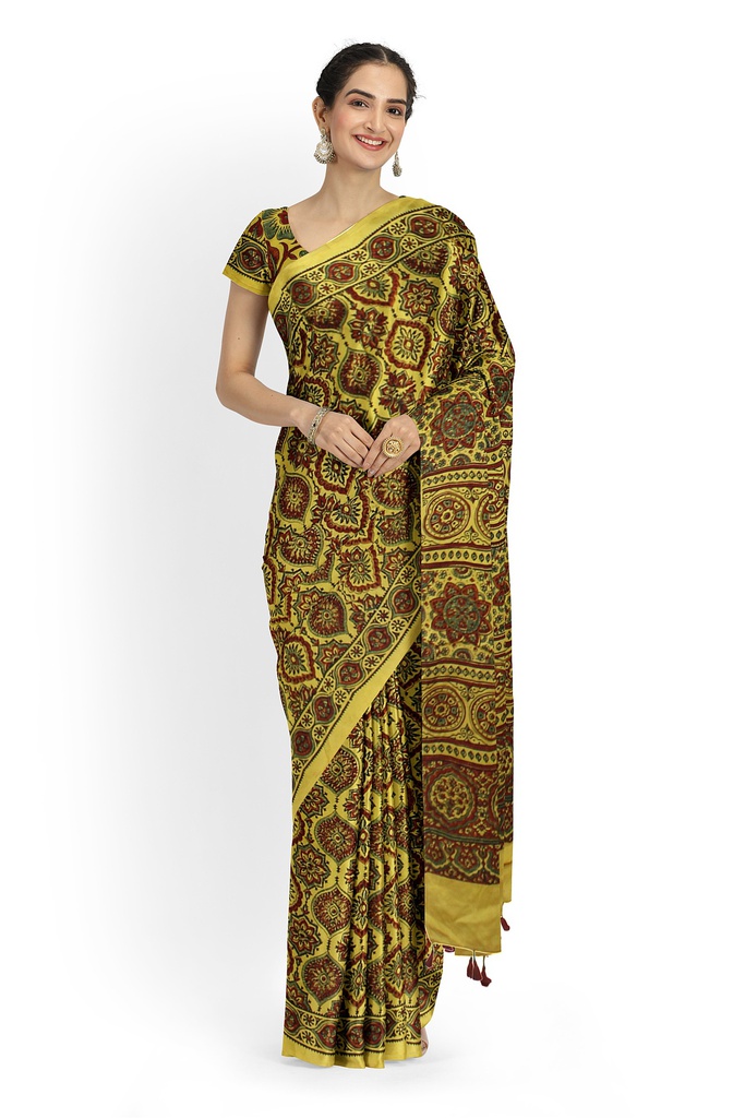 Modal Silk Ajrakh Hand Block Print Saree