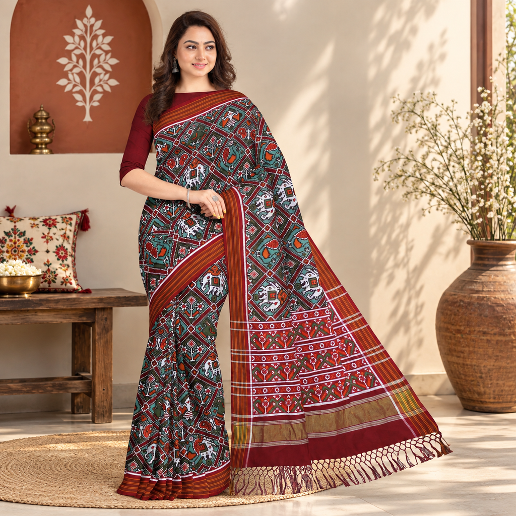 Handwoven Double Ikat Patola Silk Saree
