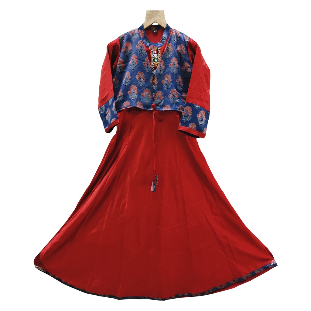 Red Mashru Long Kurta with Block Printed Koti [Size : M]