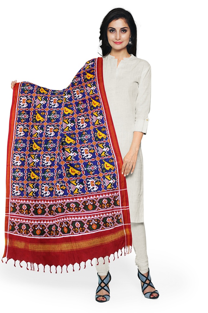 Handwoven Blue and Red Double Ikat Patola Dupatta
